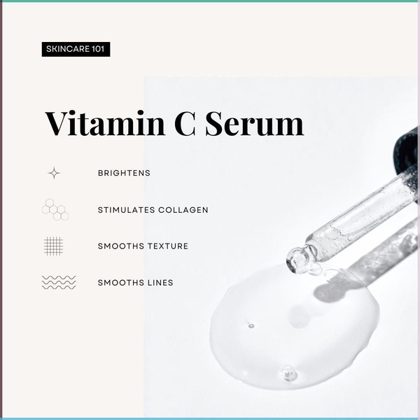 A minimalist, educational ad for a Vitamin C serum featuring a clear breakdown of product benefits through iconography and simple, legible typography.
